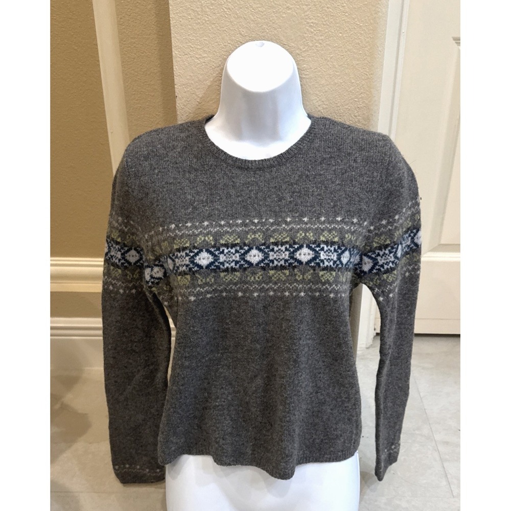 Vintage GAP Lambswool Sweater V-Neck Womens Size Small Gray Fair Isle Knit 90s**